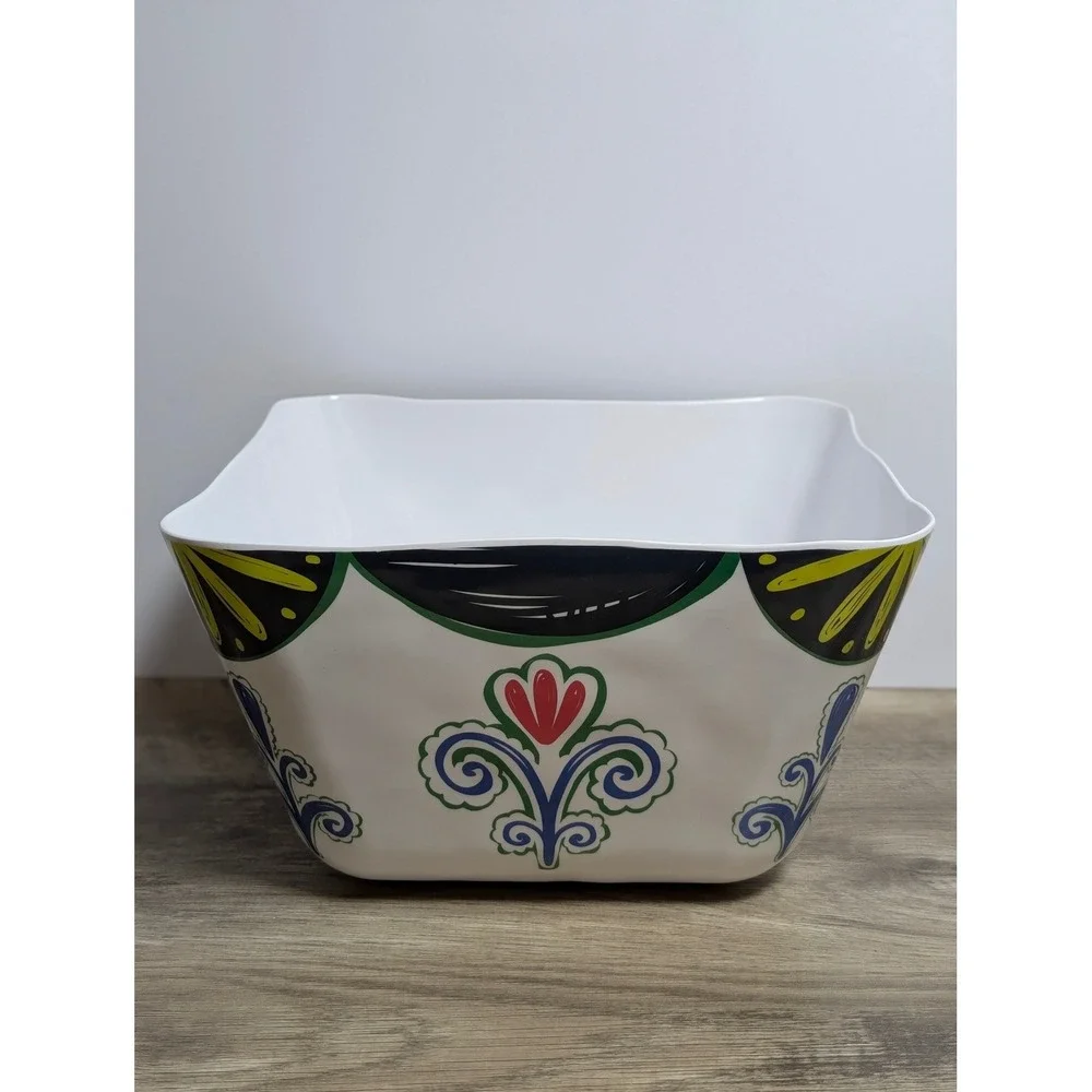 Pier 1 Imports Melamine Square Serving Bowl White Floral Scroll Pattern BPA Free